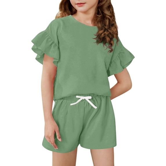 Girls Summer Outfits 2 Piece Sets Ruffle Short Sleeve Shirts and Shorts Set Kids Clothes With Pockets