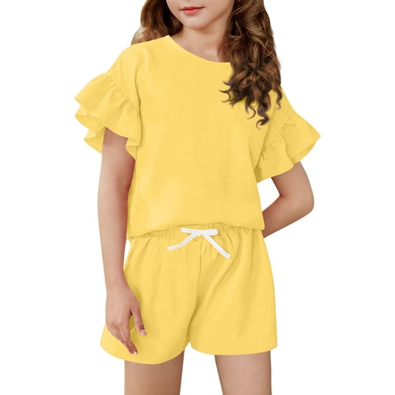Girls Summer Outfits 2 Piece Sets Ruffle Short Sleeve Shirts and Shorts Set Kids Clothes With Pockets