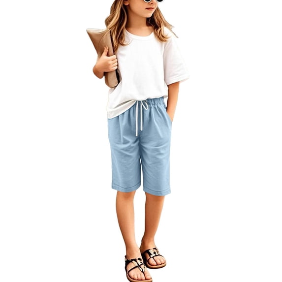 Girls Summer Outfits 3-4 Girls Bermuda Shorts Knee Length Cute Preppy Clothes Drawstring Long Shorts Adjustable Waist Straight Leg Jorts