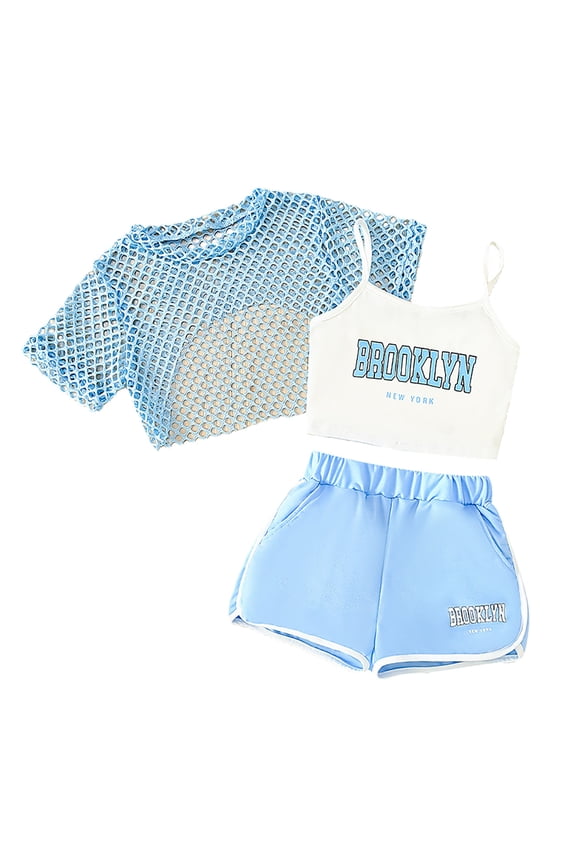 Girls Summer Outfits 3 Piece Set Casual Playwear Sleeveless Top Shorts Combo Breathable Comfortable Loose Fit For Outdoor Activities Age 8-14