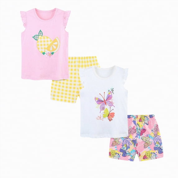 Girls Summer Outfits 6-7 4Pcs Summer Outfits Set for Toddler Girls - Flower Short Sleeve T-Shirt & Pants for Gift Summer Outfits Girls' Clothing Set 4Pcs Summer Playwear Beach Outfits