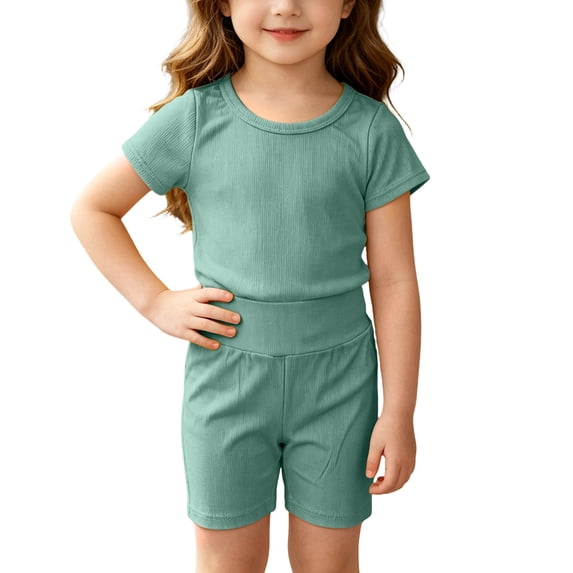 Girls Summer Outfits Basic Solid Crewneck Ribbed T-Shirt with Shorts Set 2 Piece Green 3 Years