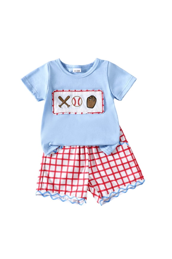 Girls Summer Outfits Boys Short Sleeve Baseball Rugby Football Printed T Shirt Pullover Tops Plaid Shorts Kids Girls' Clothing Sets