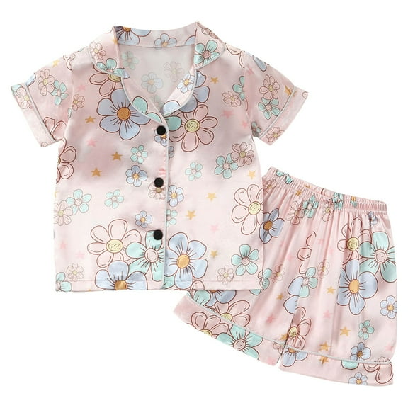 Girls Summer Outfits Cotton Tracksuit Print Indoor Short Sleeve Suit Summer Cartoon Pattern Clothes Girls Pink 3 Years-4 Years