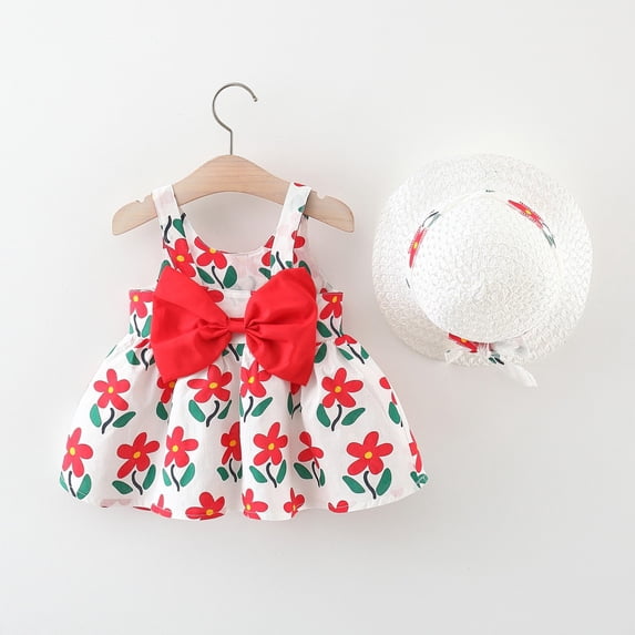 Girls Summer Outfits Cute Sleeveless Bow Flower Print Dress and Hat 2 Piece Set Baby Clothes for Girls Red 12-18 Months