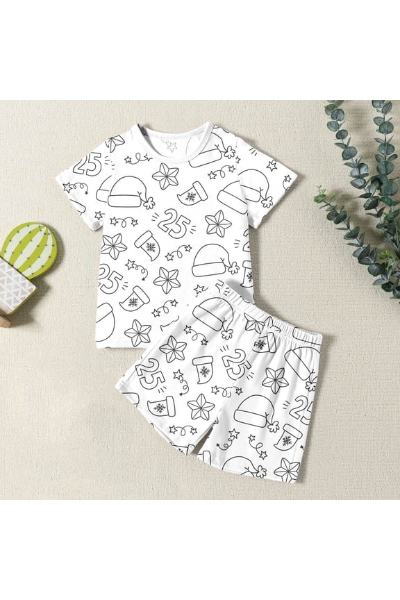 Girls Summer Outfits Diy Art Sketch Short Sleeve Shirt and Shorts Comfy Homewear Girls Clothes White 3-4 Years