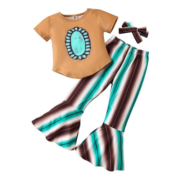 Girls Summer Outfits Gradient Printed Suit Summer Short Sleeve T Shirt Striped Gradient Flare Pants Suit 2 Piece Set Clothing Set,Size 6 Years-7 Years