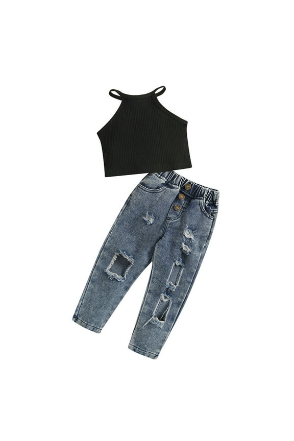 Girls Summer Outfits Kids Sleeveless Ribbed Vest Tops Patchwork Jeans Pants Set Clothes