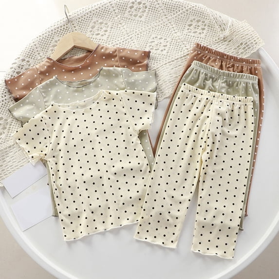 Girls Summer Pajamas Kids Summer Polka Dot Print Short Sleeve Top and Long Pants Home Set Boys Clothes Beige 2-3 Years