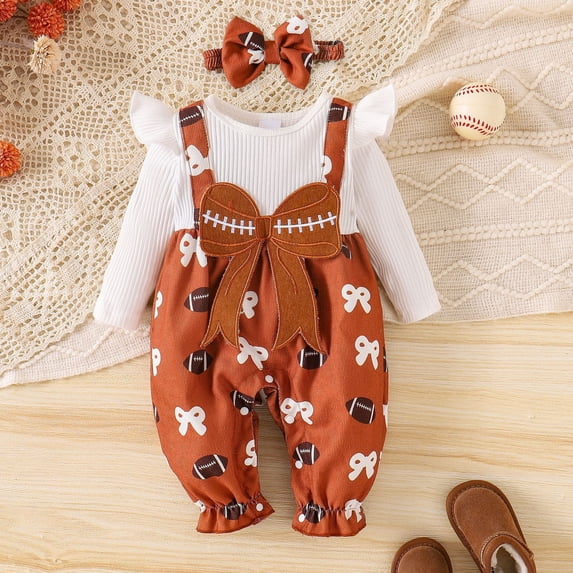 Girls Summer Outfits Long Sleeve White Top with Brown Romper and Headband Set Baby Girl Clothes Multicolour 0-3 Months