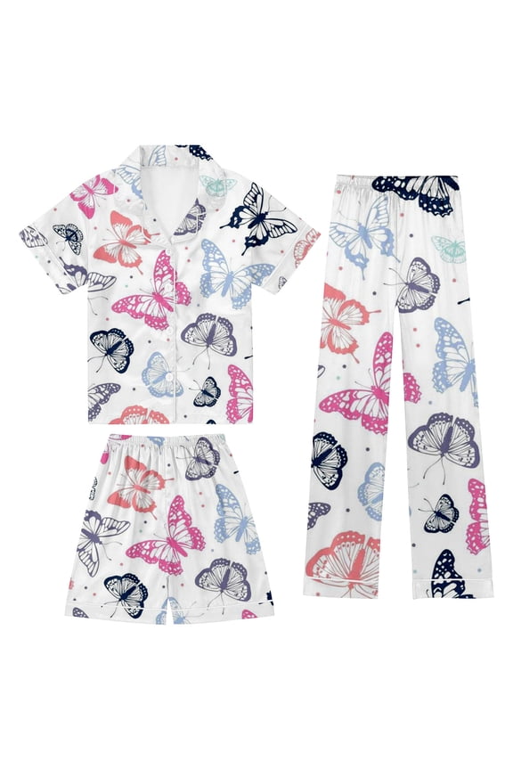 Girls Summer Outfits Satin Cloud Print 3 Piece Loungewear with Top Shorts and Long Pants Toddler Girl Clothes Sky Blue 2-3 Years