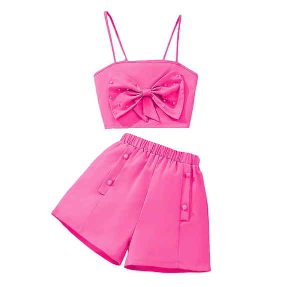 Girls Summer Outfits Set Spaghetti Strap Sleeveless Bow Denim Camisole and Skirt 2PCS Girls' Clothing Sets Red 9-10 Years