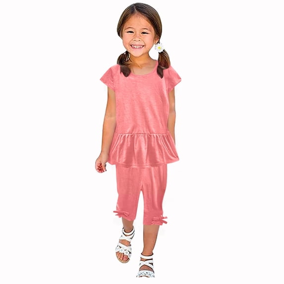 Girls Summer Outfits Short Sleeve Ruffle Hem Top and Shorts Set Girl Clothes 6-14 Years