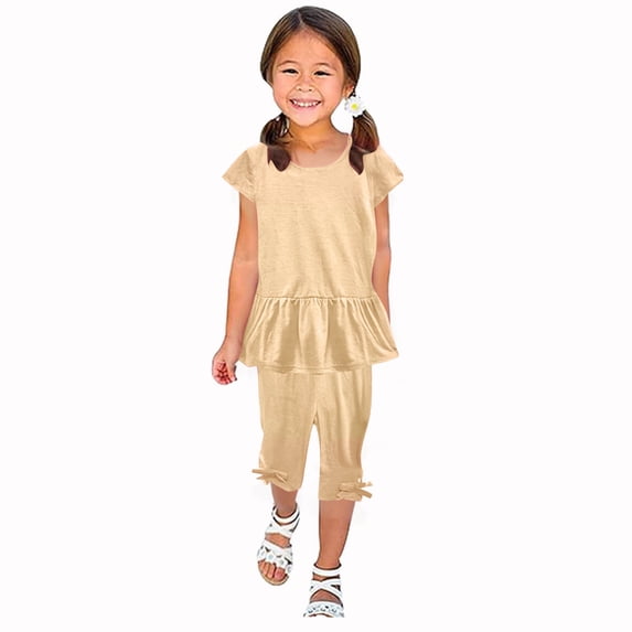 Girls Summer Outfits Short Sleeve Ruffle Hem Top and Shorts Set Girl Clothes 6-14 Years