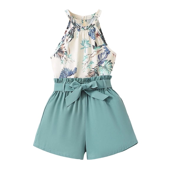 Girls Summer Outfits Sleeveless Tank Top with Printed Shorts Casual Suit Two Piece Set 8-12 Years Breathable Clothes Sky Blue 11Y