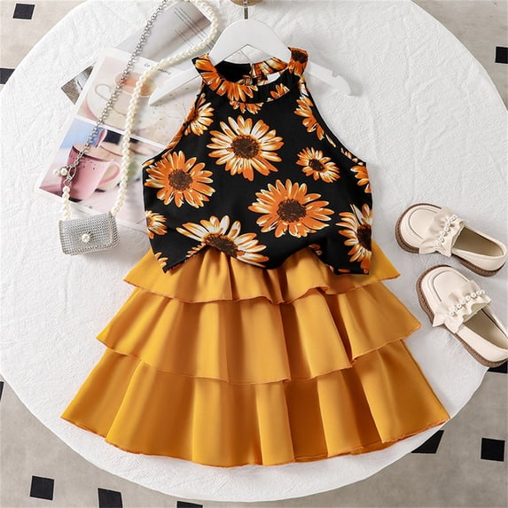 Girls Summer Outfits Sleeveless Tank Top with Printed Shorts Casual Suit Two Piece Set Kids Breathable Clothes Black Size 9-10 Years