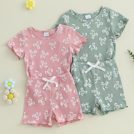 Girls Summer Outfits Summer Bow Print Short Sleeve Top and Shorts Soft Casual Set Toddler Girl Clothes Green 12-18 Months