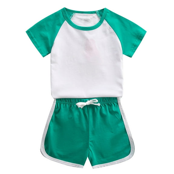 Girls Summer Outfits Summer Toddler Girls Color Block Short Sleeve T-Shirt & Pants Sweatsuit Outfit Set Comfottable Sportswear ( 5-6 Years Green )