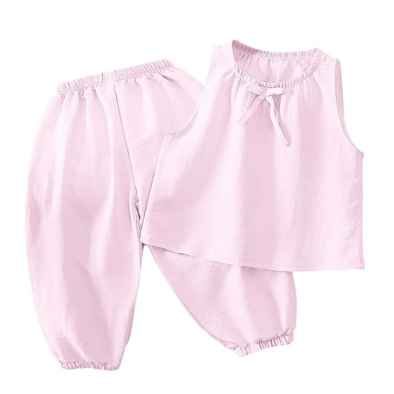 Girls Summer Outfits Sweet Vest Top With Pants Breathable Sleepwear Suit 2 Piece Set Summer Baby Girl Clothes Pink 8 Years-9 Years