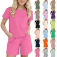 thumbnail image 1 of Girls Summer Outfits Two Piece Sets Short Sleeve Tshirts and Shorts Sets Comfortable Kids Clothing 6-14 Years Summer Outfits For Teens, 1 of 9