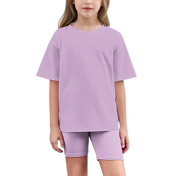 Girls Summer Outfits for Girls Solid Crewneck Top T-Shirt & Biker Shorts Set 2 Piece Tracksuit Size 5-15years