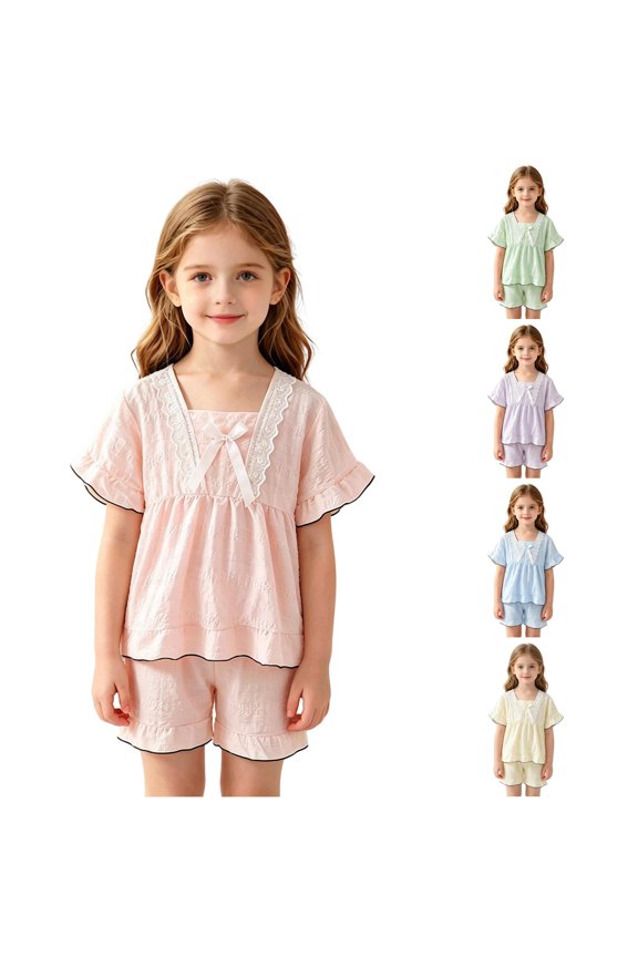Girls Summer Pajama Short Sleeve Cloud Print Cute Cartoon Loungewear for Toddler Comfy Outfit Ruffle Pants for Babies 2-3 Years