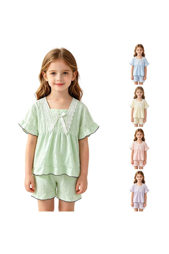 Girls Summer Pajama Short Sleeve Cloud Print Cute Cartoon Loungewear for Toddler Comfy Outfit Ruffle Pants for Babies 4-5 Years