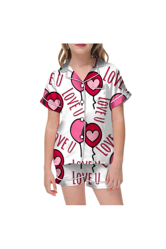 Girls Summer Pajamas Sets Valentines Day Pjs Heart Print Button Down Short Sleeve & Short Pants Outfit Casual Children Loungewear 2 Piece Summer Loungewear(Pink,8-9 Years)