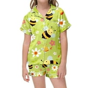 BINBANGQI Girls Summer Pajamas Summer Classic Fit Bee Sunflower Printing Casual Trendy Breathable Button Down Shirt Kids Sleepwear Nightwear Loungewear Clothes Set Gifts,A1-Light Green,110(2-3 Years)