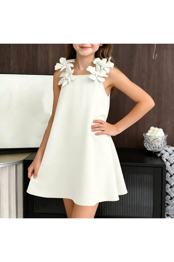 Girls Summer Party Dress Floral Halter Sleeveless A-Line with 3D Flowers Kids Play Dress Off White,Size 2-3 T