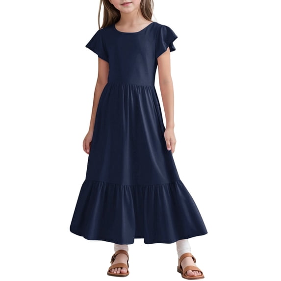 Girls Summer Pleated Short Sleeve Crew Neck Loose Casual Flowy Tiered Maxi Dress with Pockets for 6-12 Y
