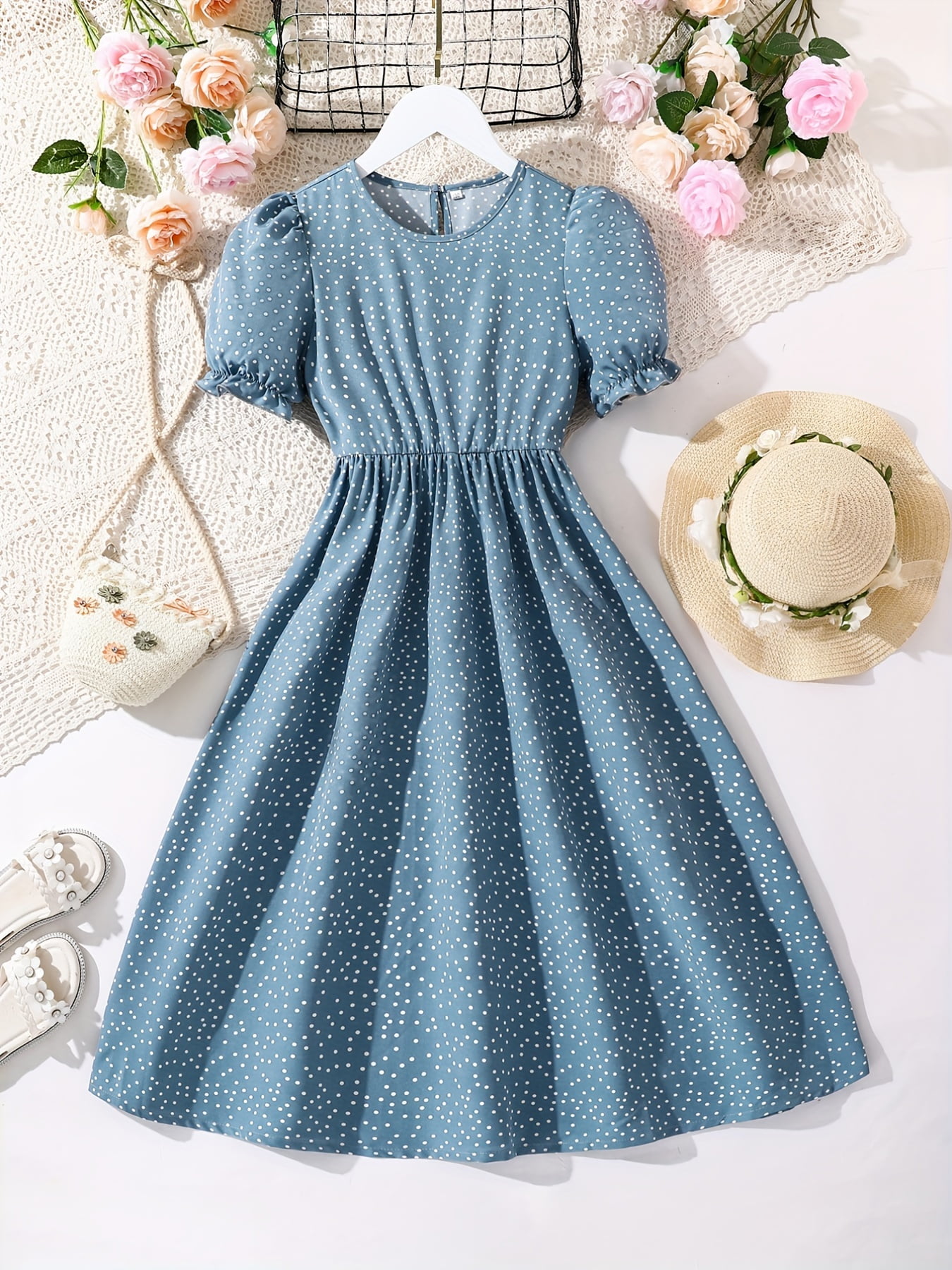 White Polka Dots Girls' Dress With Short Sleeves main image 1