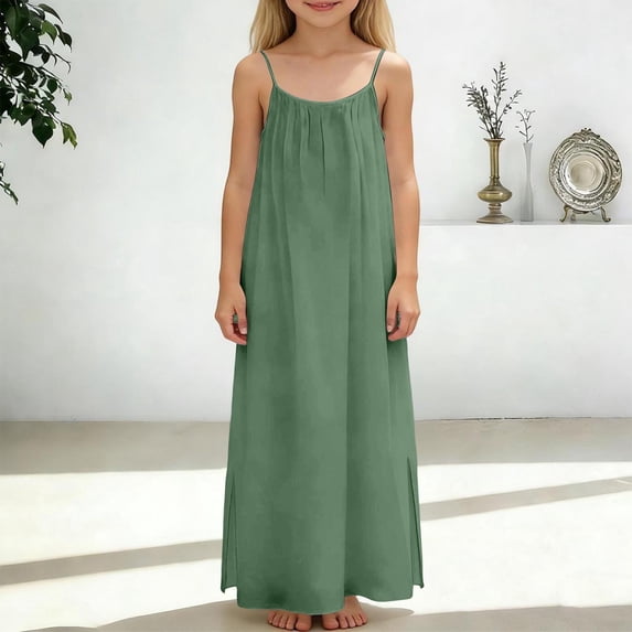 Girls Summer Print Dresses Flowy Spaghetti Strap Bow Ruched Waist Casual A-Line Sundress Army Green 13-14 Years
