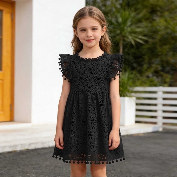 Girls Summer Print Dresses Flowy Spaghetti Strap Bow Ruched Waist Casual A-Line Sundress Black 7-8 Years