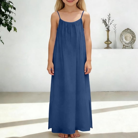 Girls Summer Print Dresses Flowy Spaghetti Strap Bow Ruched Waist Casual A-Line Sundress Navy 13-14 Years