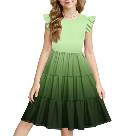 Girls' Summer Rainbow Gradient Dress Sleeveless Ruffle A-Line Sundress for Parties, Birthdays, and Daily Wear