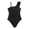 thumbnail image 1 of Girls Summer Ruched One Piece Swimsuits Spaghetti Strap Ruffle Vacation Bathing Suits Asymmetrical Neck Beach Swimwear, Black, 14-15Years, 1 of 6