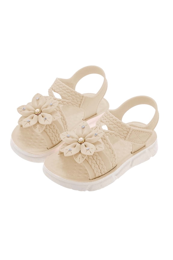 Girls Summer Sandals with Flower Rhinestone Adjustable Hook and Loop Strap PVC Non-Slip Outsole Kids Little Kid Beach Sandals Beige,Size 10