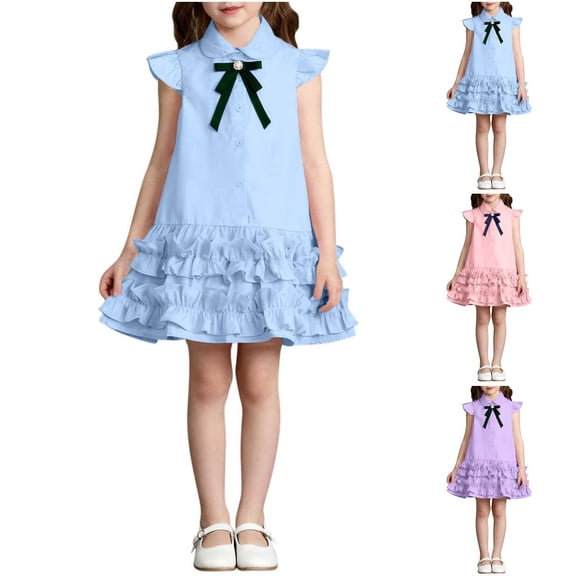 Girls Summer School Shirts Dress Casual Cute Cap Sleeve Ruffle Hem Midi Dresses Kids Loose Fit Comfy Soft Outfits 1-10 Years