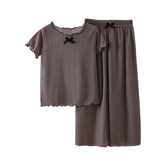 Girls' Summer Set Thin Small and Medium Sized Wooden Ear Short Sleeve Wide Leg Pants Two Piece Set