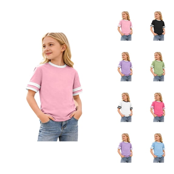 Girls' Summer Shirts, Cute Tops, Ruffle Sleeve, Crew Neck, Casual Tees, Striped Print, Short Sleeve, Comfortable Blend Tee for Everyday Play and School Outfits