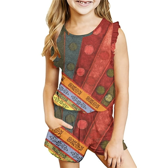 Girls Summer Short Set Clearance Fashion Ethnic Style Print Girls' Casual Sleeveless Ruffle Vests Pockets Short Sets Casual Baby Clothing Set For Girls