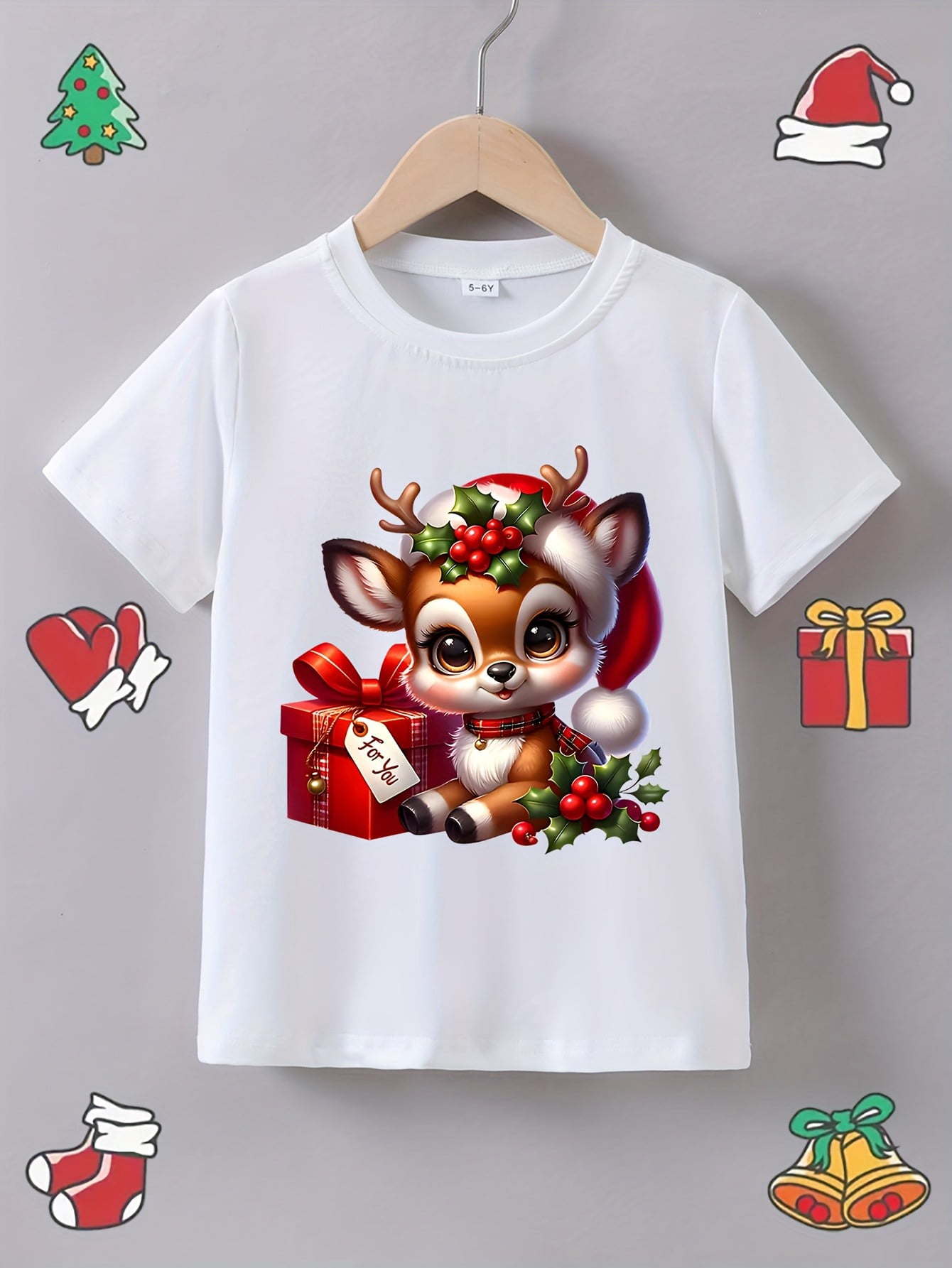 Girls' Summer Short Sleeve "Cartoon Deer with Gift" Print T-Shirt ...