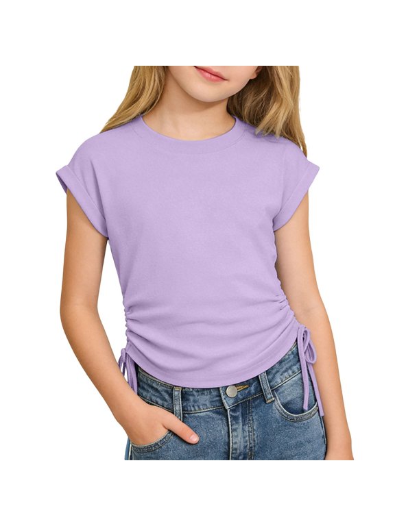 Girls Summer Short Sleeve Crop T-Shirt Solid Color Crew Neck Tee Casual Tunic Top Double Side Drawstring Slim Fit Pullover Shirt for Kids Daily Outdoor Wear(Purple,8-9 Years)