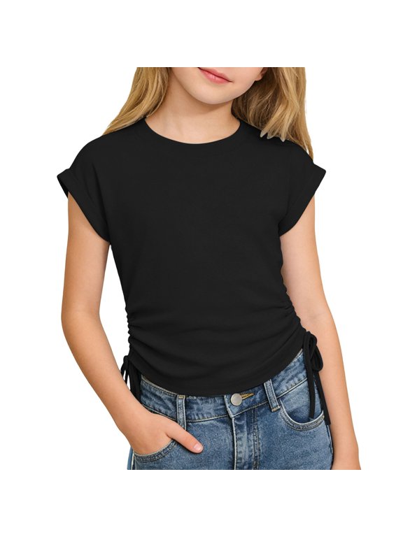 Girls Summer Short Sleeve Crop T-Shirt Solid Color Crew Neck Tee Casual Tunic Top Double Side Drawstring Slim Fit Pullover Shirt for Kids Daily Outdoor Wear(Black,8-9 Years)
