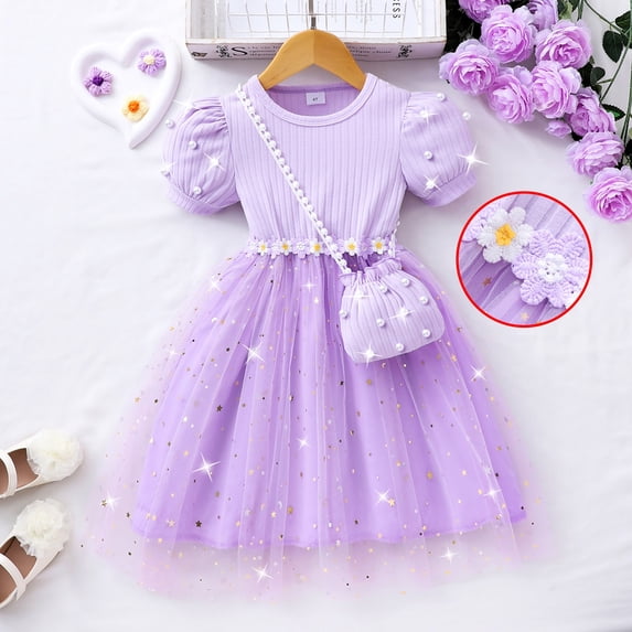 Girls Summer Short Sleeve Dress Embroidered Waistband Layered Mesh Tutu Ruffle Neckline Casual Swing Toddler Party OutfitPurple5-6 Years