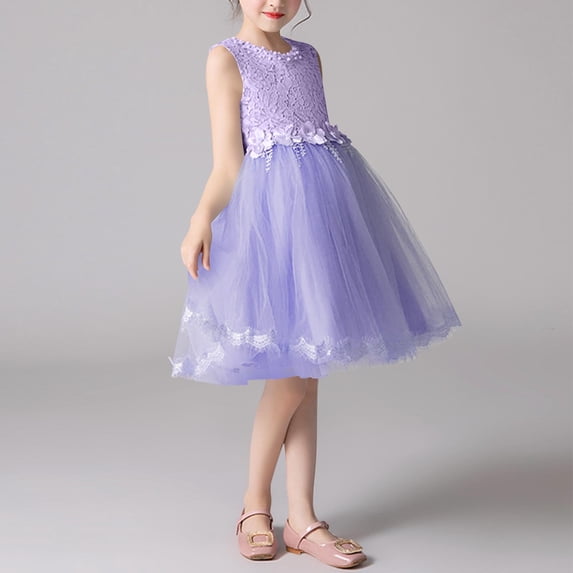 Girls' Summer Short Sleeve Dress with Ruffled Lace Embroidery and Bow Detail