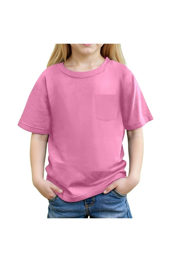 Girls Summer Short Sleeve Pocket T-Shirt Casual Comfortable Crewneck Tee for Kids Ages 3-12Y for Beach School and Outings