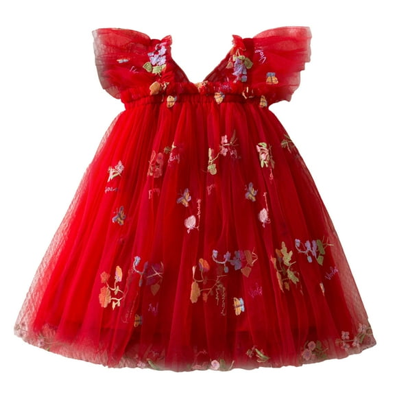 Girls Summer Short Sleeve Ruffle Dress Toddler Sleeveless Embroidered Flowers With Wing Tie Holiday Party Dance Party Clothes Dresses Casual Beach Sundress for 1-2 Years