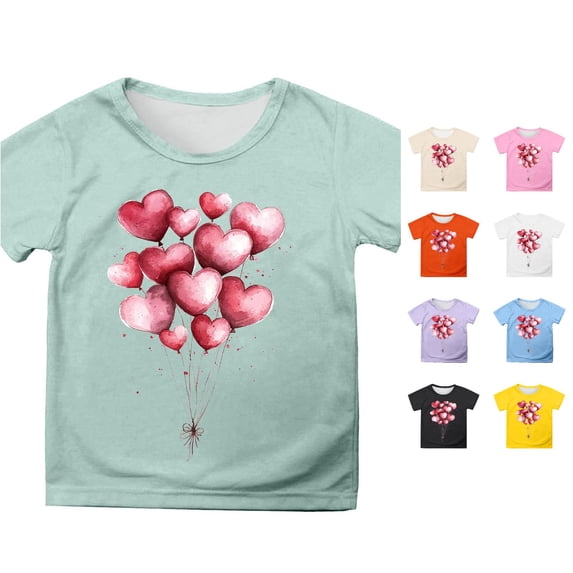 Girls Summer Short Sleeve T Shirt Cute Cartoon Heart Balloon Print Casual Top For Children Kids Summer Tops Crewneck Tees